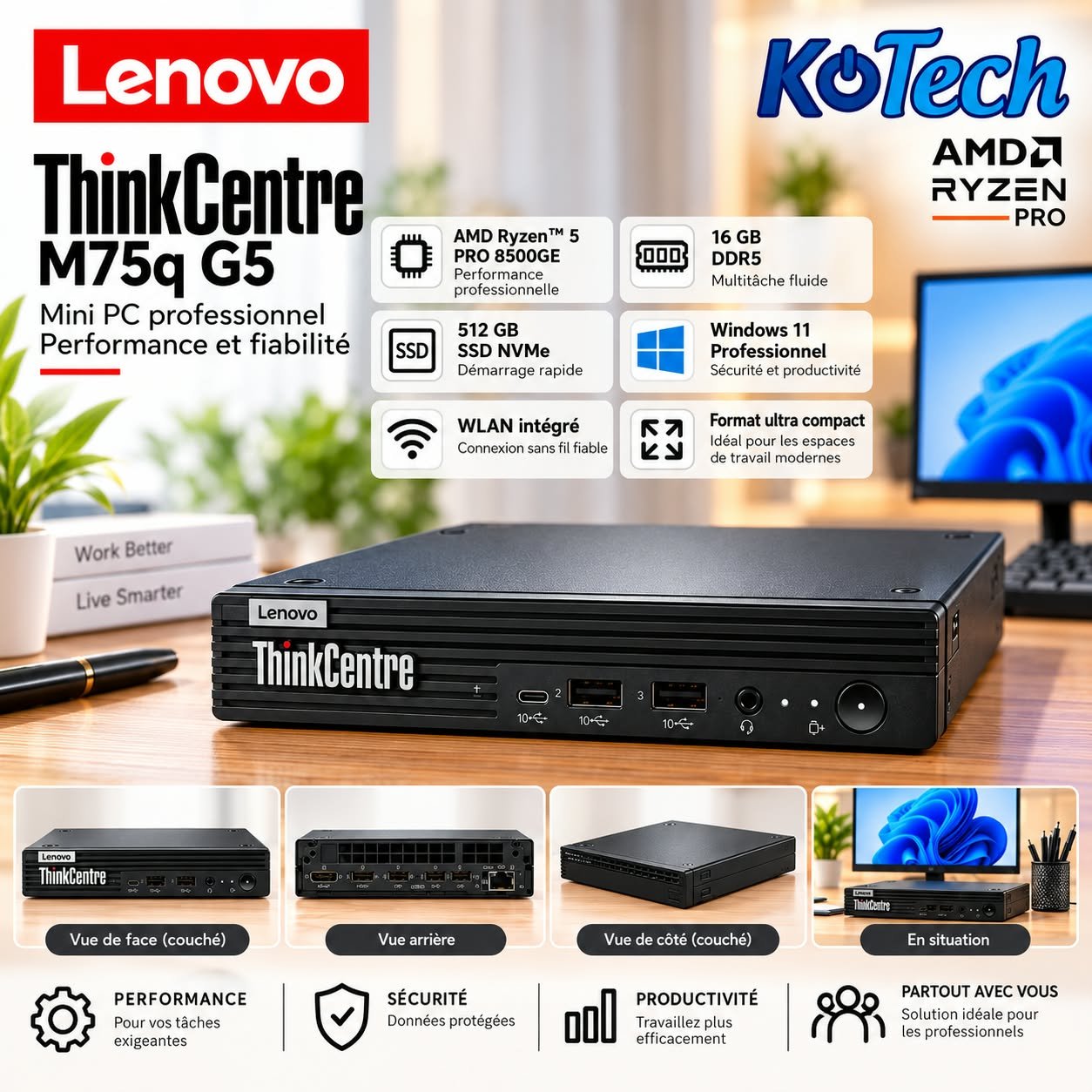 Lenovo ThinkCentre M75q G5 Mini PC Ryzen 5 PRO, 16 Go DDR5, SSD 512 Go